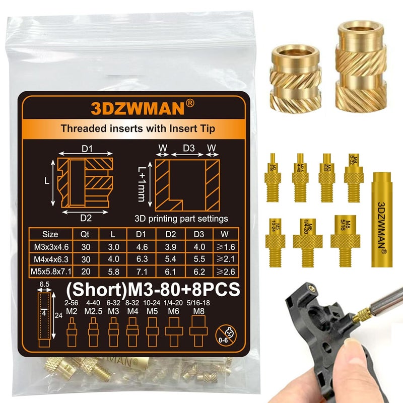 3DZWMAN M3 M4 M5 Threaded Inserts with M2-M8 Heat Set Insert Tools,Brass Metric Knurled Nuts for 3D Printing Components and Plastic Parts(M3x3x4.6-30PCS M4x4x6.3-30PCS M5x5.8x7.1-20PCS) - Image 1